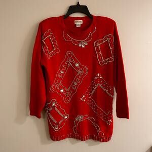 Vintage Red Gold Beaded Jeweled Victoria Jones Holiday Sweater Size Small
